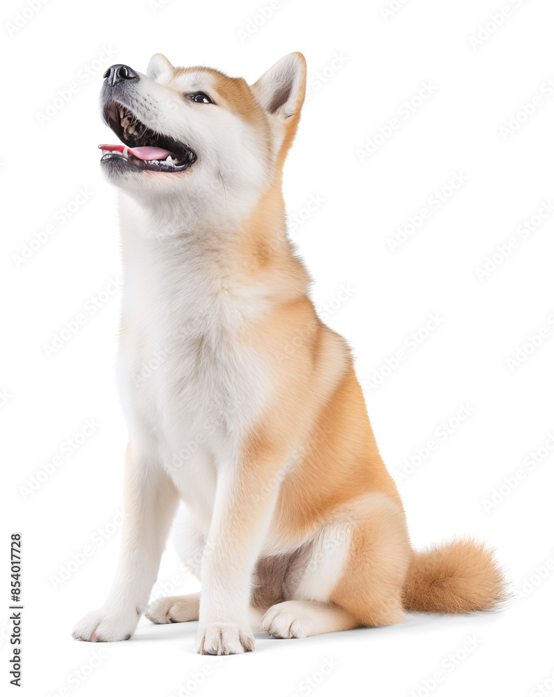 Akita Inu looking happy sitting and looking up on isolated background Akita Inu looking happy sitting and looking up on isolated background