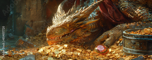 A dragon's hoard filled with glittering gold coins, precious gems, and ancient artifacts.