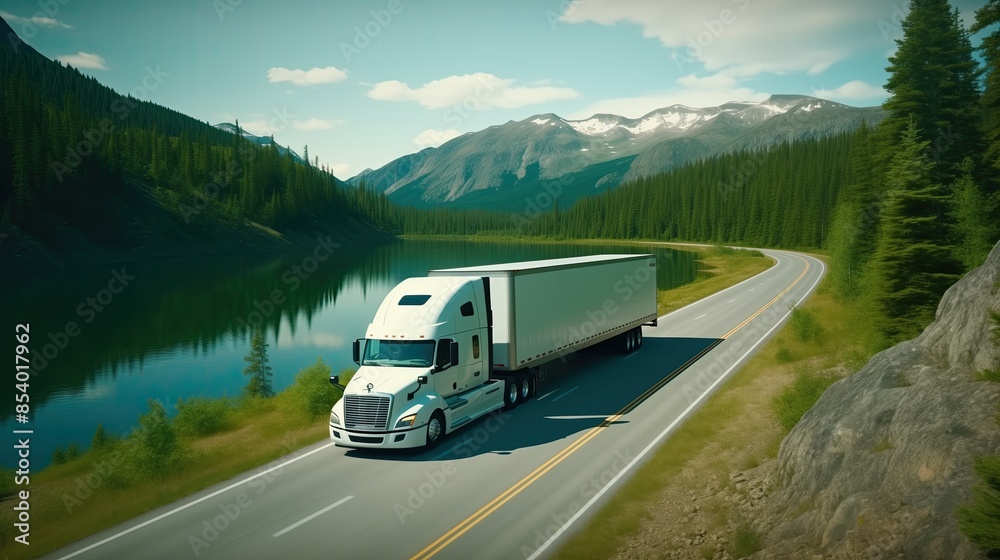 White Semi Truck Driving on Scenic Road Near a Lake. Transporting Commercial Cargo in Refrigerated Semi-Trailer, Green Trees in Landscape Background White Semi Truck Driving on Scenic Road Near a Lake. Transporting Commercial Cargo in Refrigerated Semi-Trailer, Green Trees in Landscape Background
