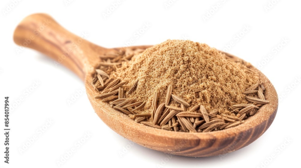 Cumin powder in a wooden spoon isolated on a white background Cumin powder in a wooden spoon isolated on a white background