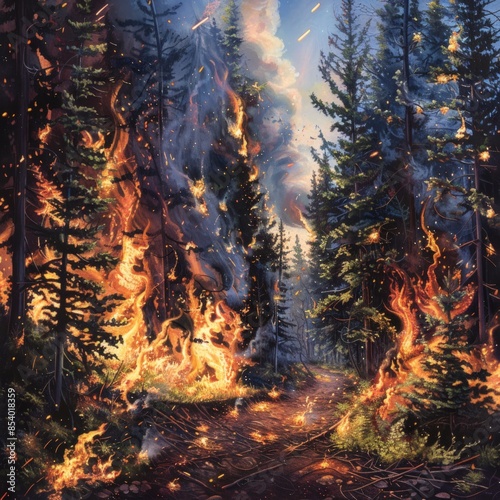 A painting of a forest fire with trees on fire and smoke in the sky