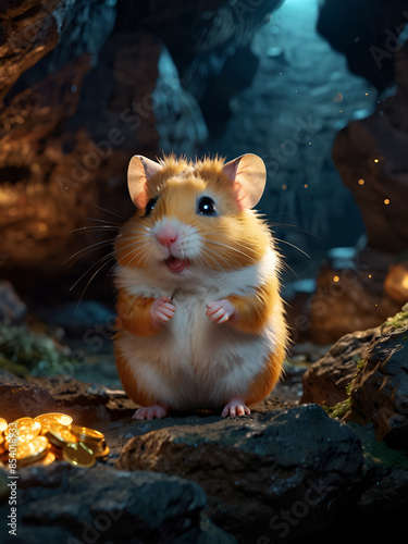 Cartoon hamster in a miner's suit, passionate about collecting crypto coins in the mine