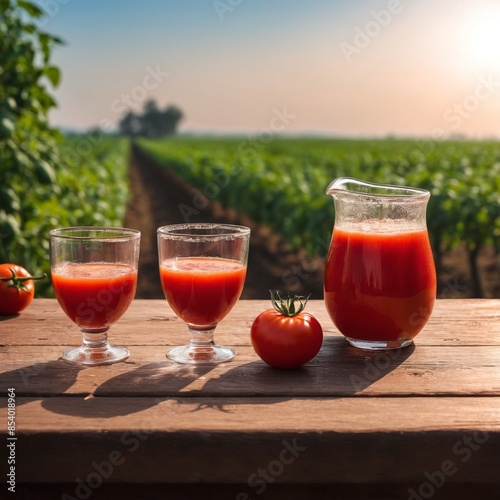 Fresh tomatoes and juice on table, field in background. Harvested vegetables photo