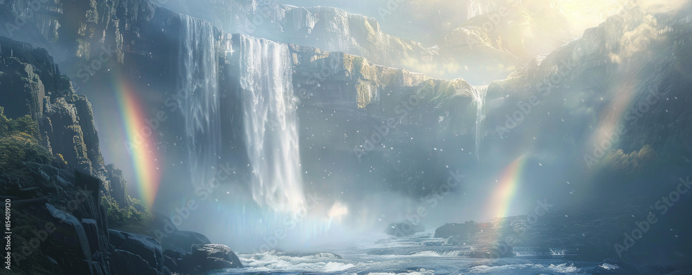 © Coosh448 - A majestic waterfall plunging into a misty gorge, with rainbows forming in the spray. © Coosh448 - A majestic waterfall plunging into a misty gorge, with rainbows forming in the spray.