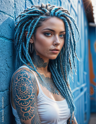 Portrait of a tattooed woman with blue dreadlocks and blue eyes in front of a blue wall. - Generative AI