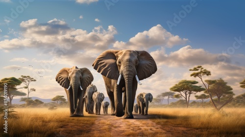 family of elephants crossing the African savanna, their trunks raised high.