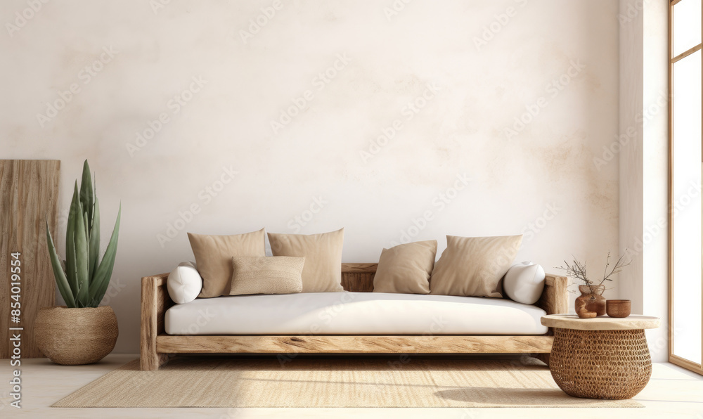 Boho Living Room Interior Design with White Sofa and Natural Accents. Minimalist Style with White Wall Background Boho Living Room Interior Design with White Sofa and Natural Accents. Minimalist Style with White Wall Background