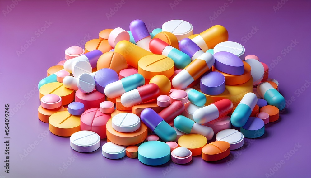 A bunch of different pills and tablets of various colors, set against a purple background. A bunch of different pills and tablets of various colors, set against a purple background.