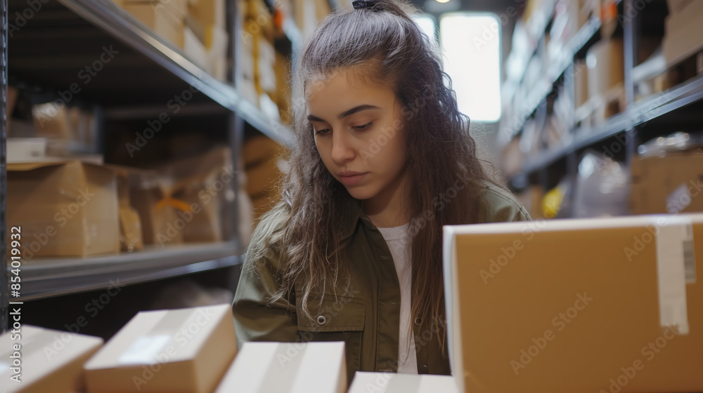 A young girl is engaged in dropshipping. Young business. Packaging and shipping of goods. A young girl is engaged in dropshipping. Young business. Packaging and shipping of goods.