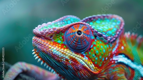 Magnificent close-up of a colorful chameleon, highlighting the beauty of this tropical animal's ability to change colors © Lcs