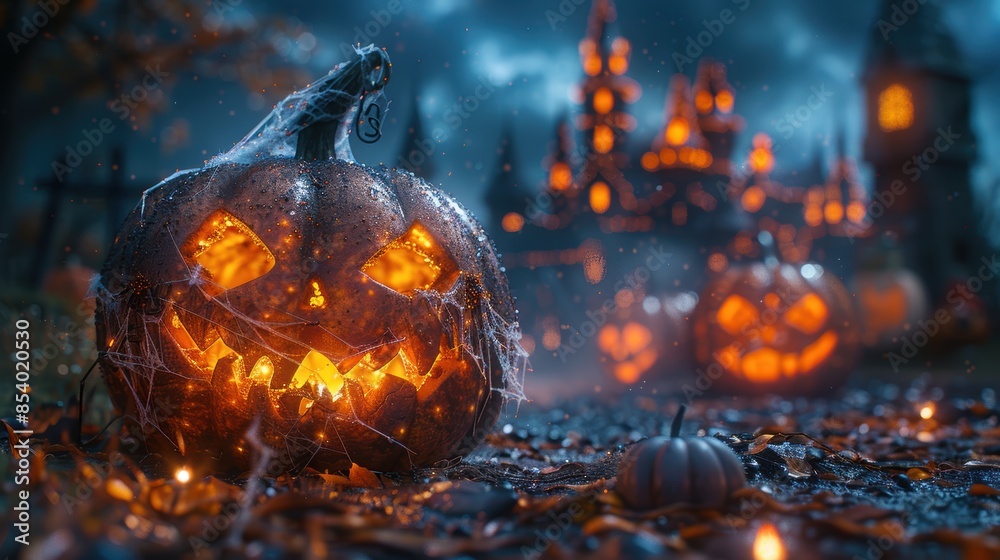 Spooky Halloween scene with glowing jack-o'-lanterns, cobwebs, and a haunted castle under a dark, eerie sky. Spooky Halloween scene with glowing jack-o'-lanterns, cobwebs, and a haunted castle under a dark, eerie sky.
