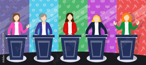 Women speakers speaking behind podiums set vector illustration. Cartoon isolated public women and politicians speak. Women campaign debate on TV