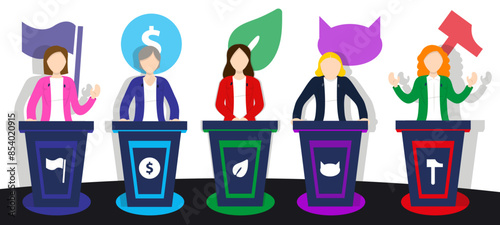 Women speakers speaking behind podiums set vector illustration. Cartoon isolated public women and politicians speak. Women campaign debate on TV