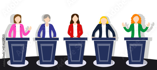 Women speakers speaking behind podiums set vector illustration. Cartoon isolated public women and politicians speak. Women campaign debate on TV