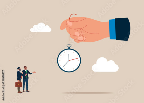 Human hand hold an office clock. 24-7 support service,  working hours. Success long term investment. Vector illustration