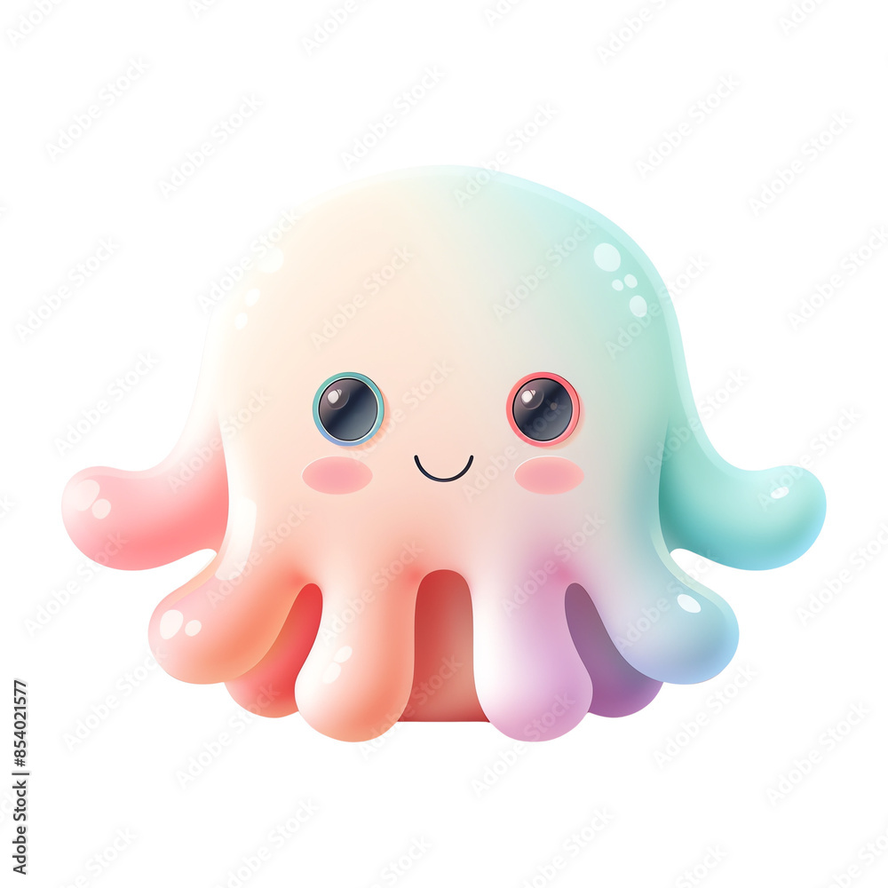 Cute cartoon octopus with rainbow colors and big eyes, smiling happily. isolated on transparent and white background.