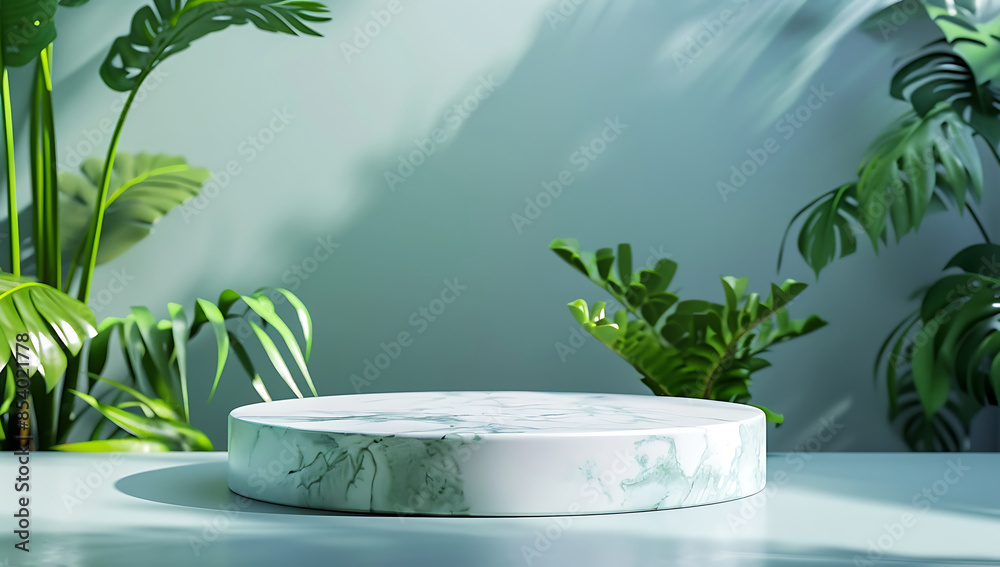 empty white marble podium with green plants in the background for a product display presentation mock up