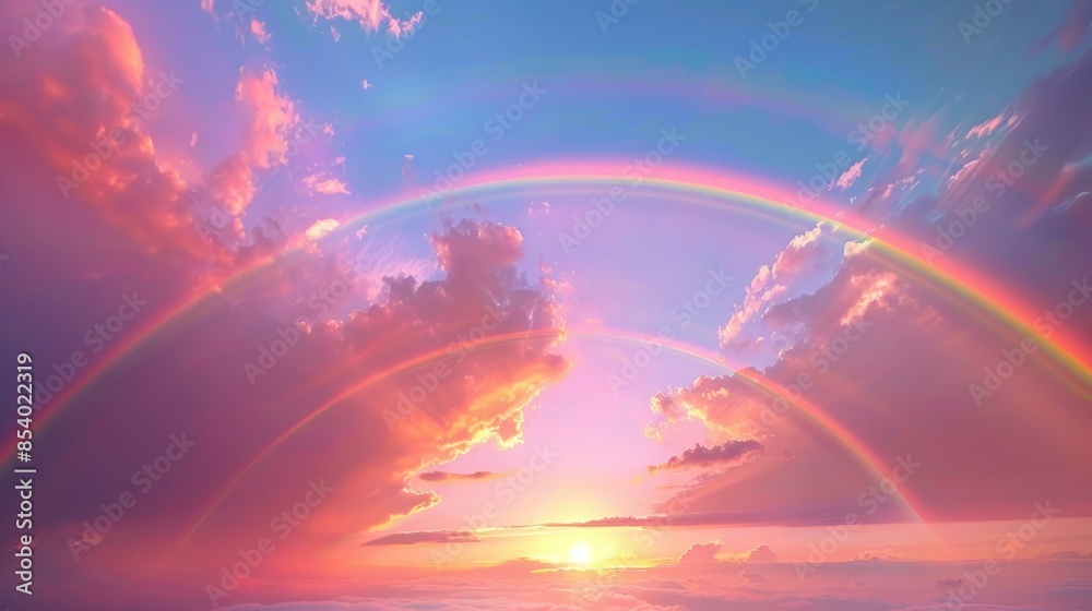 The double rainbow and clouds in the sky at sunset are so beautiful.