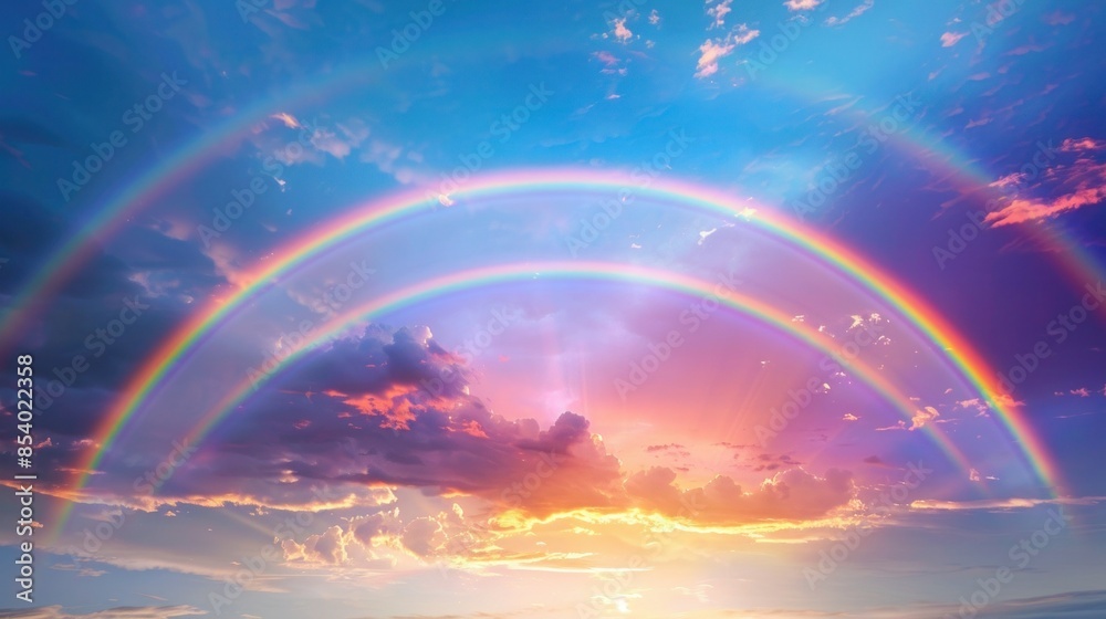 The double rainbow and clouds in the sky at sunset are so beautiful. The double rainbow and clouds in the sky at sunset are so beautiful.