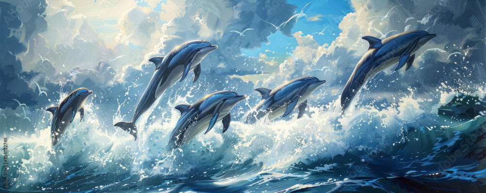 Fototapeta premium A pod of dolphins leaping out of the ocean, their bodies glistening in the air.
