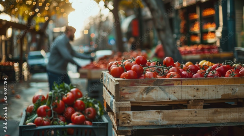 Farmers unload organic tomatoes from crates outside a grocery store, fresh from the field. Farmers unload organic tomatoes from crates outside a grocery store, fresh from the field.