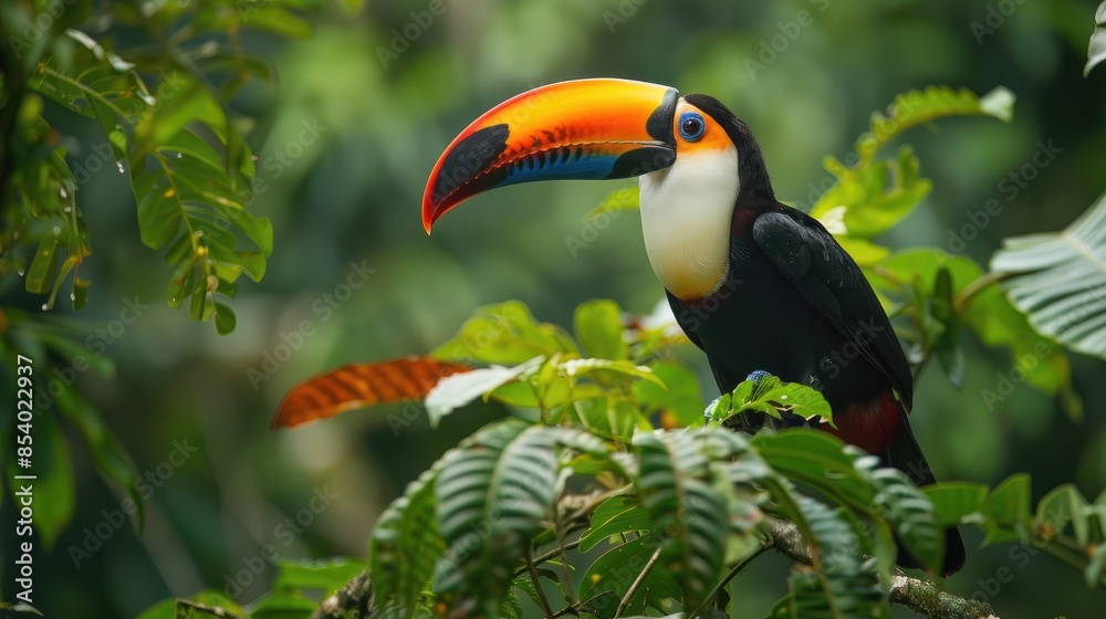 Fototapeta premium Toco Toucan displaying its vivid colors, perched among the dense greenery of the Amazon rainforest