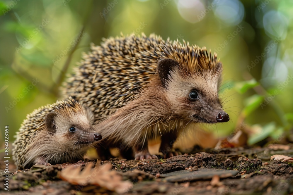 Fototapeta premium Two small hedgehogs standing together, a cute moment of friendship or companionship