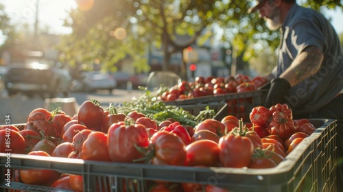 Farmers unload organic tomatoes from crates outside a grocery store, fresh from the field.