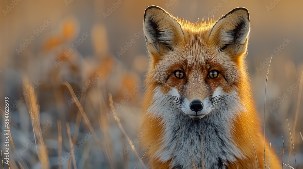 Close-up of a fox's face, with a highly focused gaze and detailed fur texture Close-up of a fox's face, with a highly focused gaze and detailed fur texture