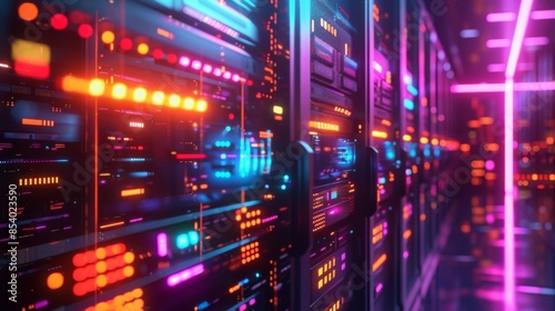 Futuristic Data Center with Colorful LED Lights and Servers © Tatyana