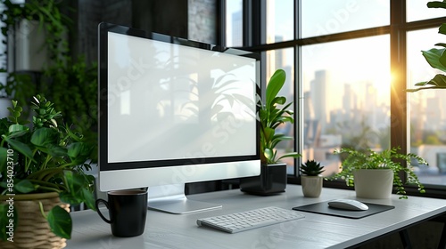Front View of Blank White Computer Screen on Office Desk with Coffee Cup and Plants, Cityscape Visible Through Large Window in Background, Highlighting Modern Workspace Setup