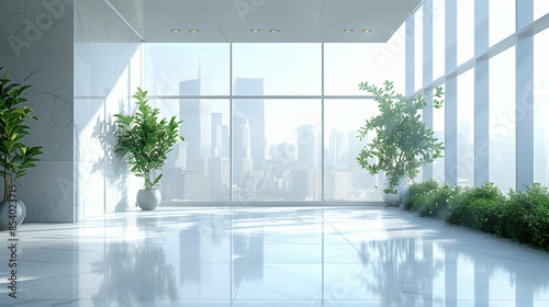 Spacious Modern Office with Large Window Showcasing Urban Cityscape, Minimalistic White Background Highlighting Contemporary Workspace Environment
