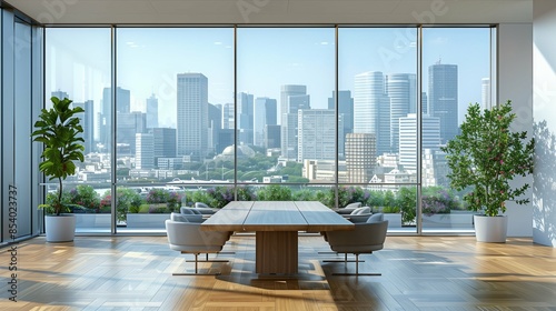 Spacious Modern Office with Large Window Showcasing Urban Cityscape, Minimalistic White Background Highlighting Contemporary Workspace Environment