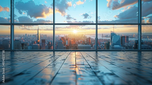 Spacious Modern Office with Large Window Showcasing Urban Cityscape, Minimalistic White Background Highlighting Contemporary Workspace Environment