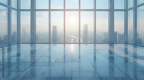 Spacious Modern Office with Large Window Showcasing Urban Cityscape, Minimalistic White Background Highlighting Contemporary Workspace Environment