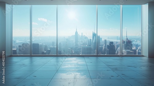 Spacious Modern Office with Large Window Showcasing Urban Cityscape, Minimalistic White Background Highlighting Contemporary Workspace Environment