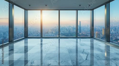 Spacious Modern Office with Large Window Showcasing Urban Cityscape, Minimalistic White Background Highlighting Contemporary Workspace Environment