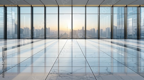 Spacious Modern Office with Large Window Showcasing Urban Cityscape, Minimalistic White Background Highlighting Contemporary Workspace Environment