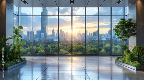 Spacious Modern Office with Large Window Showcasing Urban Cityscape, Minimalistic White Background Highlighting Contemporary Workspace Environment