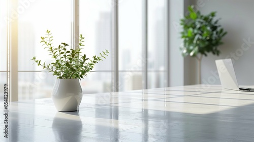 Spacious Modern Office with Large Window Showcasing Urban Cityscape, Minimalistic White Background Highlighting Contemporary Workspace Environment