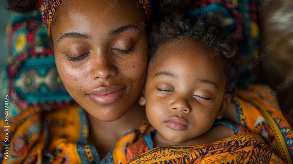 Tranquil image of a mother and child sleeping in traditional African attire, evoking a sense of peace Tranquil image of a mother and child sleeping in traditional African attire, evoking a sense of peace