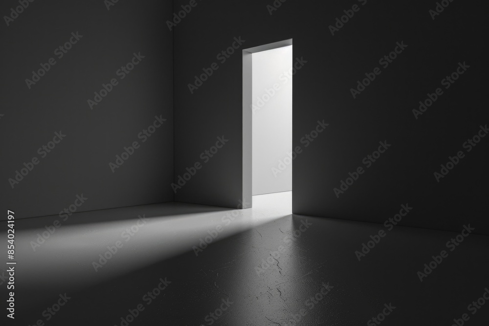 An open door in a dark room with light coming from outside, often used as a symbol of new beginnings or escape from darkness
