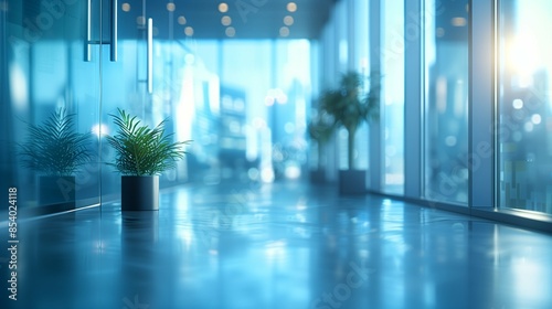 Spacious Modern Office with Large Window Showcasing Urban Cityscape, Minimalistic White Background Highlighting Contemporary Workspace Environment