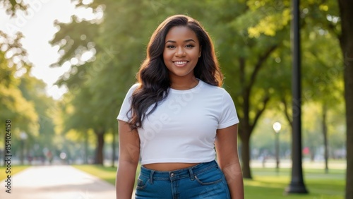 Plus size young black woman wearing white t-shirt and blue jeans standing in the park