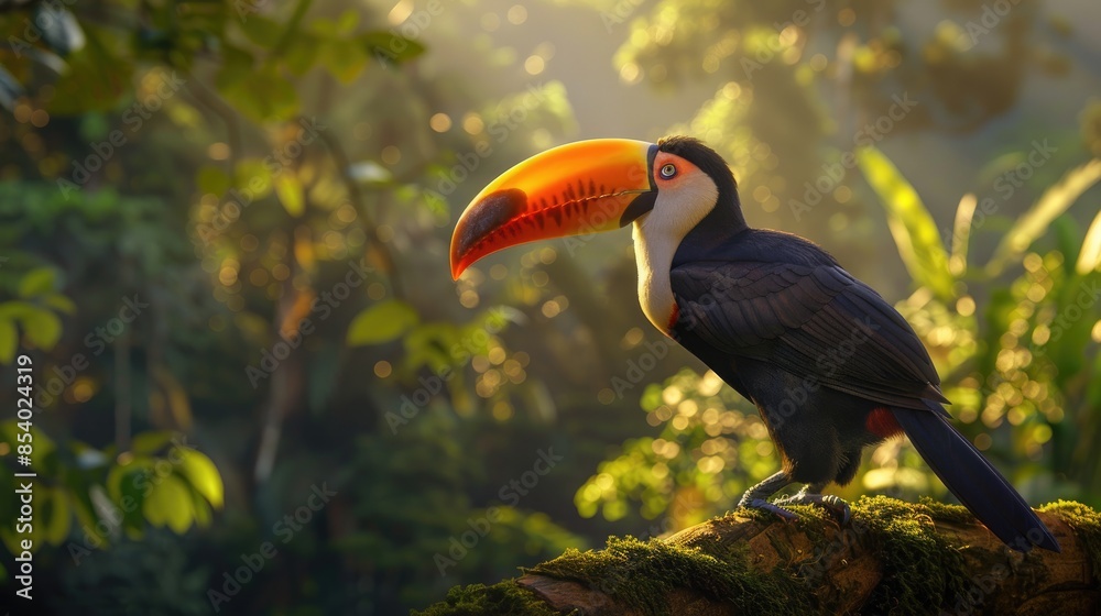 Obraz premium Toco Toucan with its striking beak, set against the beautiful backdrop of the Amazon forest, showcasing the diversity of Ramphastidae