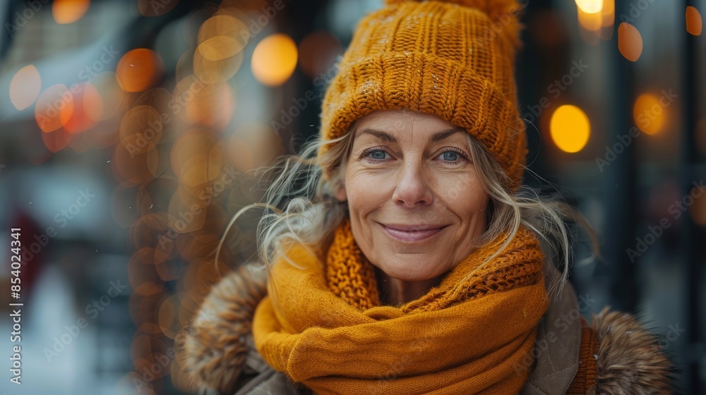 A senior woman with a beaming smile wearing a winter hat, scarf, and jacket, surrounded by festive lights