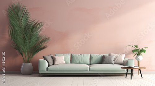 minimalist living room with clean lines and pastel-colored tropical leaf wallpaper, exuding a sense of tranquility and balance.