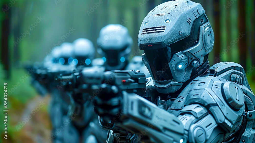 Futuristic Military Soldiers in advanced exoskeletons with hightech weapons and gear Futuristic Military Soldiers in advanced exoskeletons with hightech weapons and gear