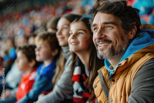 Family watching football game. Happy family cheering at stadium, enjoying sporting event together © Minerva Studio