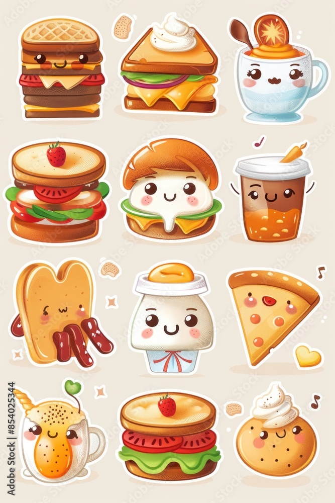A collection of colorful food stickers featuring various facial expressions and characters A collection of colorful food stickers featuring various facial expressions and characters